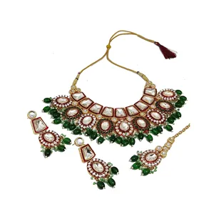 Conjunto de Joyería Nupcial Kundan Polki para Mujer, Collar de Aleación Chapado en Oro con Esmalte Rojo y Cuentas Verdes, Joyería Fina - Product Image 4