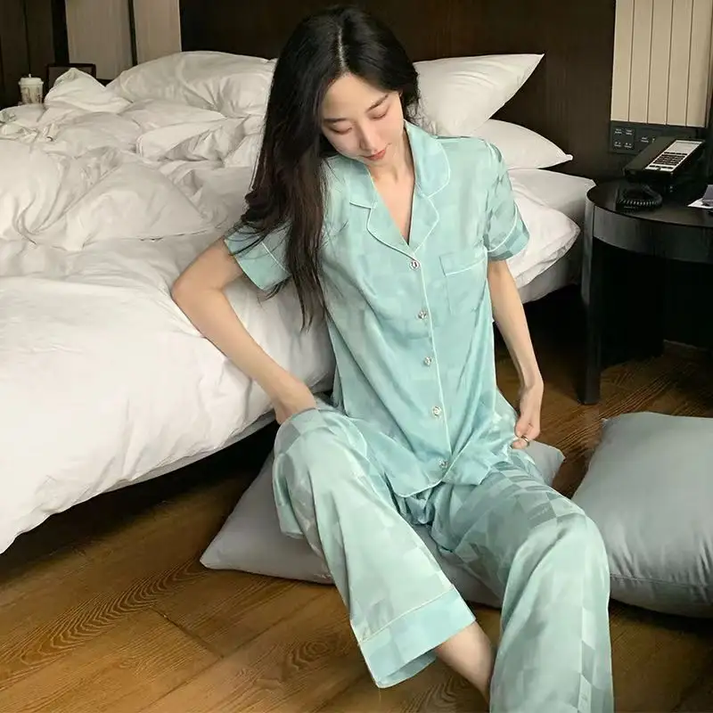 Women's Pajamas Sets 2pcs Woman Pajama printing Design Suit Long Sleeve Trousers Set Home Clothes Satin Silk Women's Sleepwear