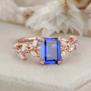 Anillo fino de oro rosa sólido de 14 quilates, diseño de rama de árbol inspirado en la naturaleza, corte esmeralda, laboratorio, zafiro azul, tono de Metal personalizable/pureza - Product Image 2