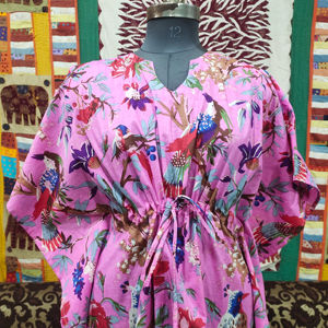 Taille libre Mini manches Boho Beachwear Plus Size femmes coton caftan robe nuits d'été oiseau naturel imprimé Sweet Top Style - Product Image 1