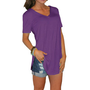 Moda cuello en V manga corta camiseta túnica mujer Casual verano Tops blusa suelta dobladillo curvo algodón transpirable impresión personalizada - Product Image 6