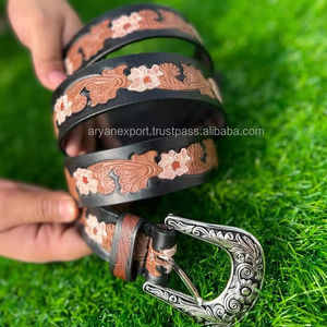 ดอกไม้สีขาวที่สวยงามมือแกะสลักหนังตะวันตกเข็มขัดหนังแท้ผู้ชายและผู้หญิงเข็มขัดดอกไม้มือทาสีเข็มขัดที่กําหนดเอง - Product Image 2