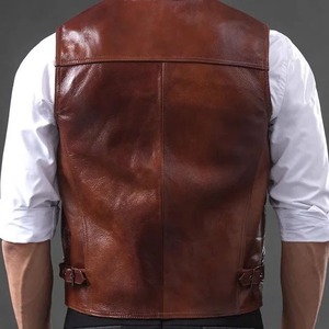Chaleco de cuero genuino para hombre, capa superior, piel de vaca, múltiples bolsillos, Delgado, de talla grande, ecológico, invierno, sólido, Retro - Product Image 2