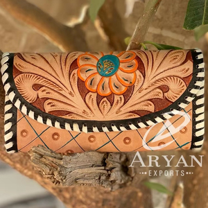 Portefeuille en cuir sculpté usiné à la main pochette étui de téléphone portefeuille élégant fleur de soleil occidental pour les femmes - Product Image 1