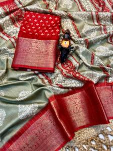 ส่าหรีผ้าไหม rekko ที่สวยงามด้วยการออกแบบดอกไม้ทั้งหมดพร้อมกับเส้นขอบทอที่ตัดกัน - Product Image 3