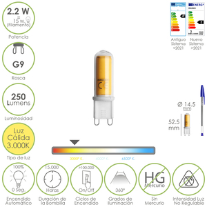 Lampadina LED G9 a vite. 2,2 Watt. Equivalente a 15 Watt. 250 Lumen. Bianco caldo (3000K). - Product Image 1
