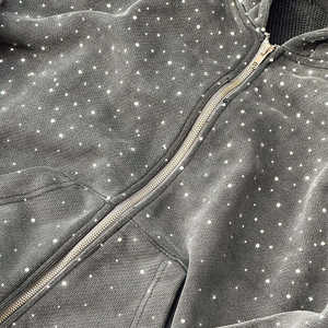 Sudadera con capucha holgada de moda para hombre con diamantes de imitación al por mayor Otoño Invierno moda lavado Boxy cremallera Sudadera con capucha completa - Product Image 3