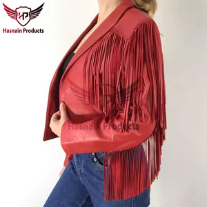 Womens Real Red Leather <b>Jacket</b> Fringe Tassels Lapel Sheepskin <b>Western</b> Cowgirl Cropped Coat Custom Vintage Winter Outerwear - Product Image 4