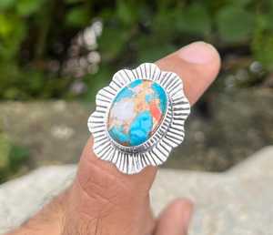 Fait à la main en argent Sterling 925 Vintage huître épineuse Turquoise ovale coupe pierre naturelle pierre gemme déclaration bijoux pour les mariages - Product Image 4