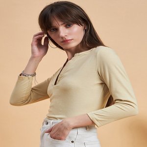 Camiseta de cuello Henley de color crema, ropa informal de verano, camiseta de mujer de longitud corta, camiseta de manga regular de longitud completa para mujer - Product Image 5