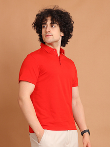 เสื้อโปโลแขนสั้นสำหรับผู้ชาย, เสื้อโปโลผ้าฝ้าย100% ระบายอากาศได้พิมพ์ลายย้อมสีเรียบ2025สีแดง - Product Image 5