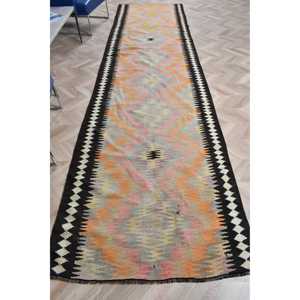 Vintage Turkish <b>Runner</b> <b>Rug</b> 3.6x14 ft (110x428 cm), Orange Abstract Kilim <b>Rug</b> - Product Image 1
