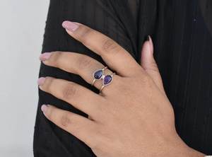 Anillo de dos piedras, anillo de amatista de pera hecho a mano, joyería de piedras preciosas moradas de Plata de Ley 925, anillo de plata bohemio para mujer, regalo - Product Image 3