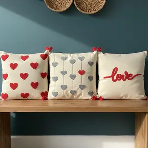 ชุดปลอกหมอนผ้าฝ้ายปักลายหัวใจสีแดง 3 ชิ้น รุ่นพิเศษวันวาเลนไทน์ พร้อมซิปซ่อน - Product Image 1