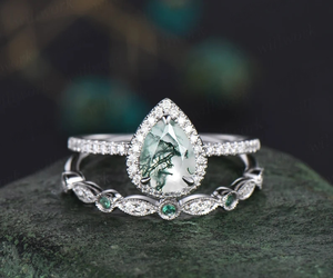 Banda nupcial de Plata de Ley 925 sólida, diseño de ágata musgo único, accesorio de compromiso de boda para mujer, moissanita de diamante de San Valentín - Product Image 2