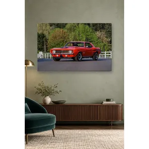 Impression sur toile de Fida Orange Camaro devant des clôtures blanches - Product Image 4