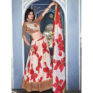 Marvelous White Floral <b>Printed</b> Wedding Apparel Chinon Sangit Wear Lehenga Choli - Product Image 2