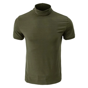 T-shirt d'été décontracté à manches courtes pour hommes Col haut Slim Fit T-shirt couleur unie élastique mince Pullover Tee Shirt - Product Image 1