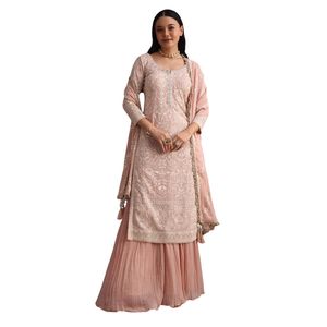 Pêche Lucknowi travail Kurta Palazzo costume avec Palazzo évasé et Resham Dupatta vente en gros de vêtements ethniques pour femmes OEM usine en vrac - Product Image 4