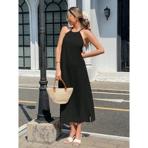 Women's Off-Shoulder Halter Neck Cross Back Detail Long <b>Viscose</b> <b>Dress</b>, 35651 - Black - Product Image 3