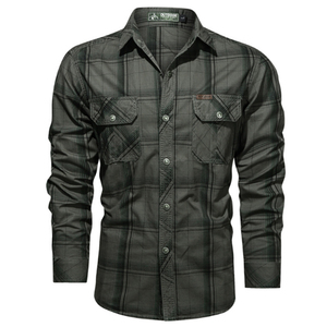 Camisa de franela a cuadros para hombre en tonos caqui y marrones con bolsillos de botón en el pecho y manga larga - Product Image 6