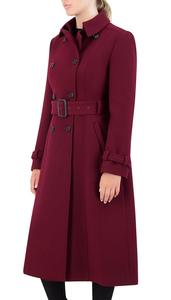 Manteau trench en laine tricotée longue et ajustée pour femme, couleur bordeaux unie, avec ceinture – Nouvelle collection très prisée - Product Image 2