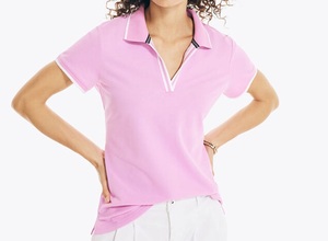 Polo rose pour femme à manches courtes, couleur unie, décontracté, respirant, en coton tricoté - Product Image 1