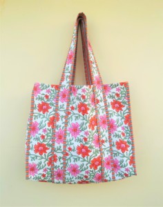 Handmade Quilted Women's Tote <b>Bag</b> Indian Cotton Fabric with Embroidery & Chains Decor Open Closure - Product Image 2