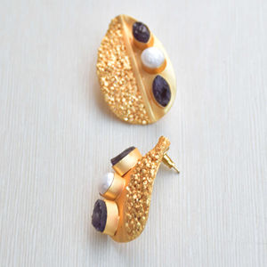 Boucles d'oreilles créoles en laiton en gros, boucles d'oreilles en pierre naturelle biologique, laiton plaqué rhodium, motif unique de créateur, qualité d'exportation en gros - Product Image 2