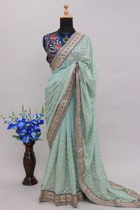 Gorgeous Impresionante Diseñador Indio Georgette Sky Blue Sari Última Exclusiva Blusa de lujo Nupcial Étnico Fiesta Boda Desgaste Mujeres - Product Image 2