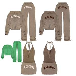 Conjunto de Sudadera con Capucha Corta con Parche Bordado y Pantalones Deportivos con Lavado Ácido, Conjunto de Sudadera con Capucha de Manga Larga, Chándales Personalizados Unisex, 100% Algodón, Primavera Vintage - Product Image 1