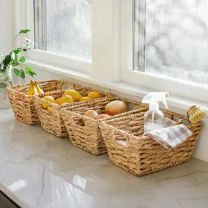 Wholesale <b>Rectangular</b> Handwoven Water Hyacinth Storage <b>Baskets</b> with Handles Natural Organizer Bins for Kitchen Home Decor - Product Image 3