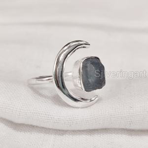 Bijoux en pierre brute Bague pour femme Apatite brute naturelle Pierre précieuse Pierre de naissance Croissant de lune Bague réglable Bague en argent sterling 925 - Product Image 2