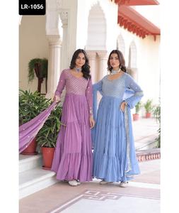 Indian Traditional Wear Light <b>Blue</b> Long Sleeve Gowns Pattern with Beautiful Embroidery Work <b>Lace</b> Border Dupatta Set for Women - Product Image 1