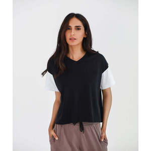 T-shirt d'été court à épaules tombantes avec manches contrastées pour femme en marron/moutarde/noir - Product Image 3