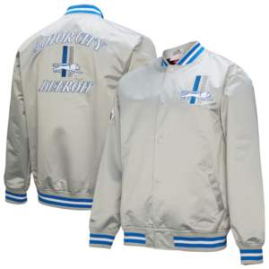 Veste de baseball universitaire pour homme, modèle Letterman personnalisé, couleur gris Mitchell, Detroit Lions, en satin double face, entièrement boutonnée. - Product Image 1