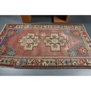 Auténtica alfombra turca de área grande 4,1 X 7.3ft hecho a mano rojo azul diseño de retazos lana látex forma rectangular para uso en la habitación del pasillo - Product Image 3