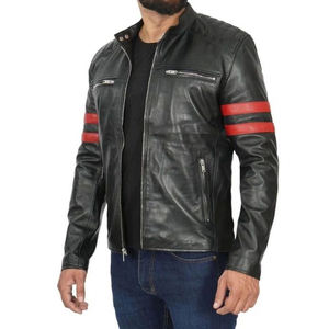Vestes pour hommes en cuir de vache noir 100% coton écologiques avec col à rabat et épaulettes, fermeture éclair décorative - Product Image 3