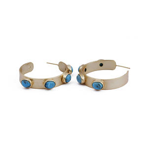 Turquoise Gemstone Décembre Birthstone Hoop Boucles D'oreilles En Laiton Plaqué Or À La Mode Designer Forme Ovale Collet Ensemble À La Mode - Product Image 4