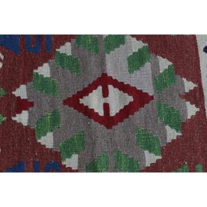 Turkish Vintage Rug, 1.7x5.7 ft Kilim Rug, <b>Red</b> Blue Abstract <b>Wool</b> Rug - Product Image 5