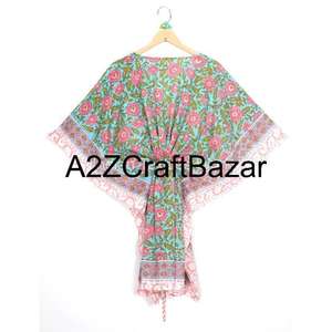 Vestido Casual Midi Tipo Túnica con Cuello en V, de Algodón Puro Lavable y Ecológico, con Estampado Floral Bohemio y Borlas, de Manga Corta - Product Image 1