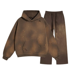 Custom Logo 450 Grams Distressed Hoodies Sets for <b>Men</b> No String Heavy Weight Faded Vintage Oversized Hoodie and Sweatpants Set - Product Image 2