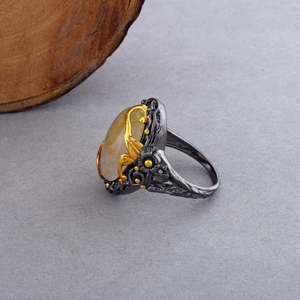 Cabochon en argent sterling massif 925 naturel et doré avec pierres précieuses, sertissage de lunette, bague solide faite à la main, bijouterie fine - Product Image 3