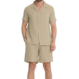 Conjunto de 2 Piezas de Ropa Urbana para Hombre, Camiseta Polo de Manga Corta, Camisa de Botones de Algodón con Tejido Waffle, Top Transpirable y Pantalones Cortos - Product Image 1