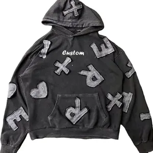 Hot Sale OEM Manufacturer Custom Vintage Distressed Embroidery Patch Men Zip Up Hoodie Removable Sleeve Hoodie