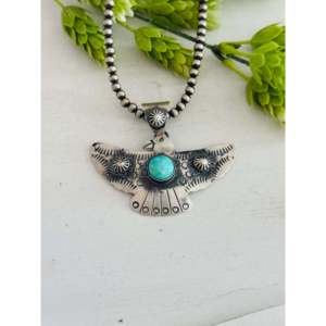 Kingman Turquoise Sterling Silver Pendant Eagle Shape Bezel Setting Rhodium Box Princess Cut Diamond-Chimney Butte Collection - Product Image 1