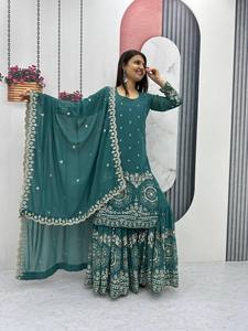 Designer traditionnel vert clair indien pakistanais Salwar Kameez vêtements de fête pour femmes haut Sharara Costumes Collection - Product Image 3