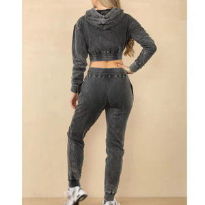 Conjunto Deportivo Lavado para Mujer, Sudadera con Capucha Estilo Vintage Lavado Ácido, Pantalones Jogger de Algodón Grueso, Estilo Urbano, Venta al por Mayor, Conjunto de Sudadera Corta con Capucha - Product Image 4