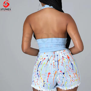 2023 nuevo estilo al por mayor Sexy Denim algodón Jeans faldas Streetwear niñas mujeres falda de dos piezas conjunto decorado con pintura - Product Image 3