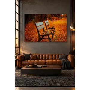 Fida Deux bancs dans un parc recouvert de feuilles, impression sur toile - Product Image 2